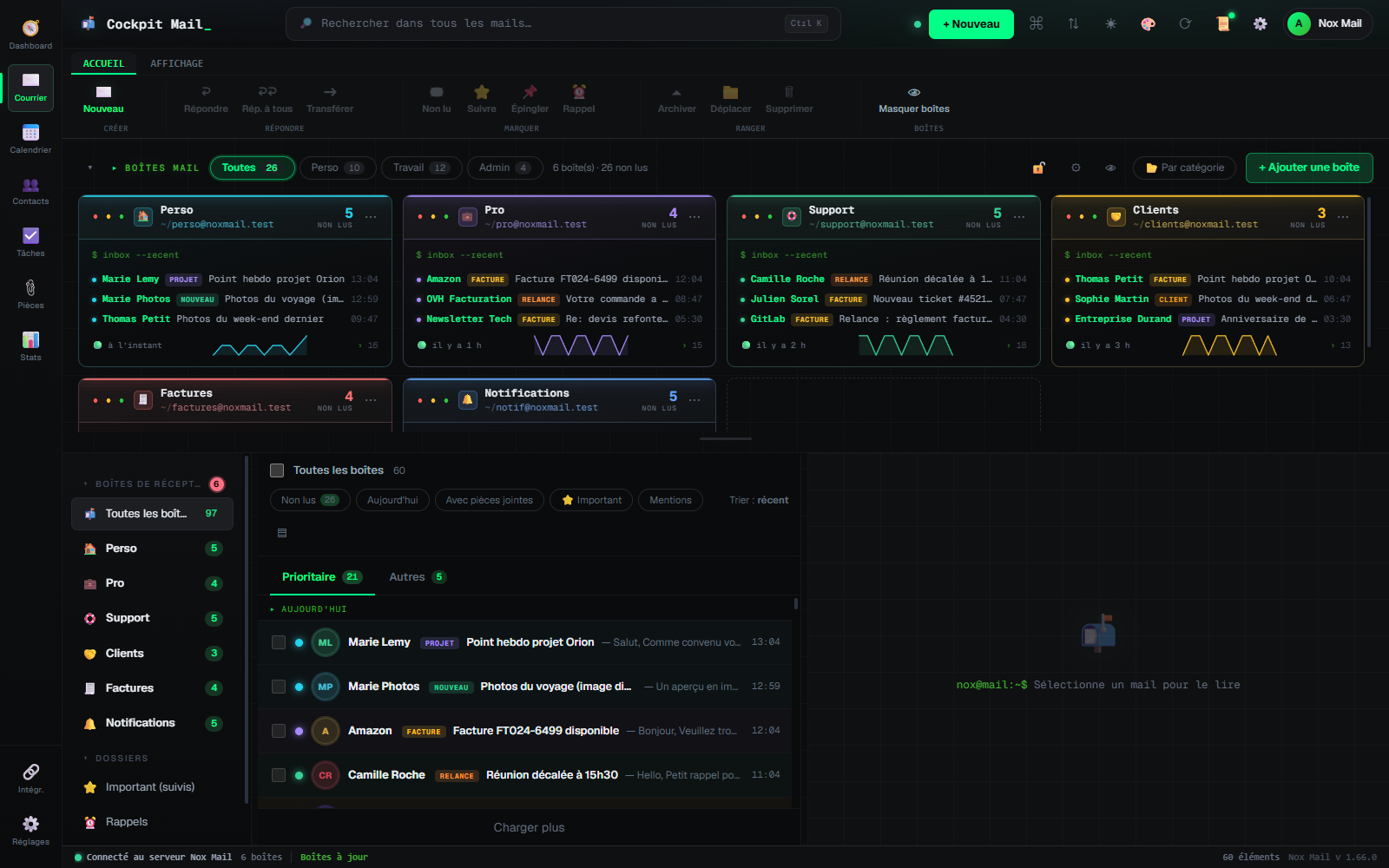 Boîte de réception unifiée Nox Mail : grille de comptes avec sparklines et liste de mails